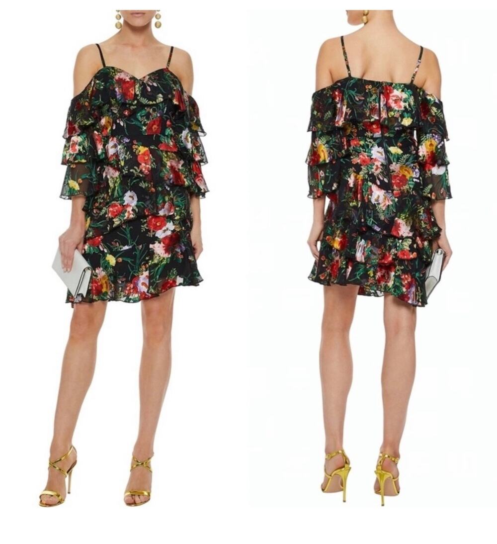 Alice + Olivia Florentina Black Garden Floral Print Cold Shoulder Ruffle Dress 2